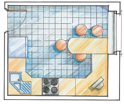 Primjer rasporeda namještaja i opreme u kuhinjskom crtežu.