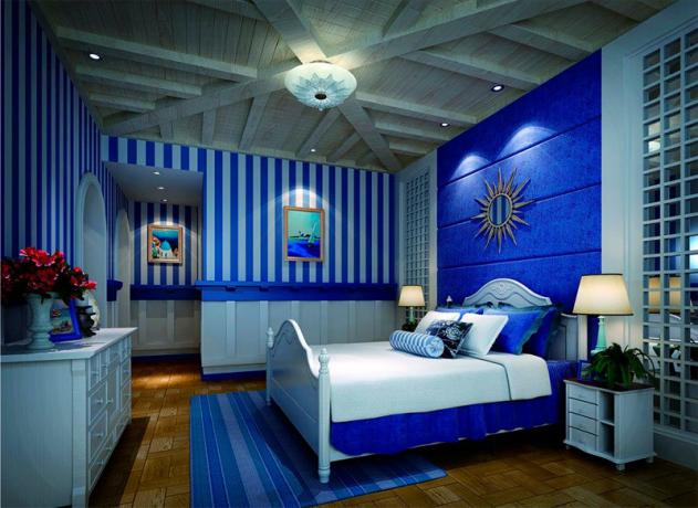 Fotografija spavaće sobe s jednom plavom bojom u cijeloj sobi