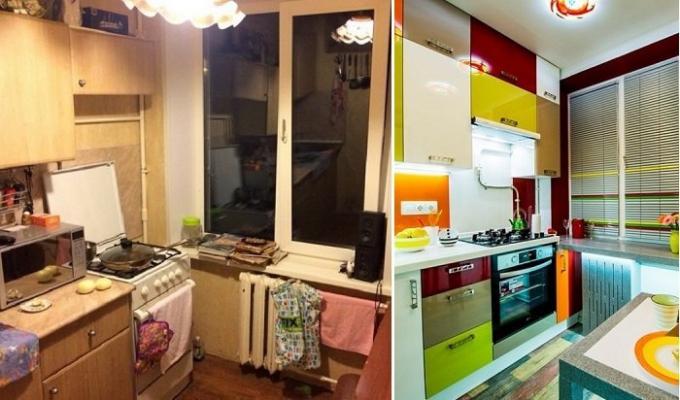 Prije i poslije: briljantne transformacije kuhinje u „Hruščov”, na površini od 6 kvadratnih metara. m