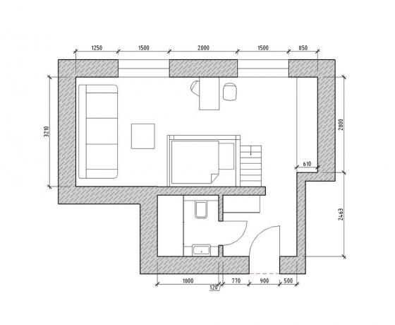 Proračun Studio 29 m² s krevetom ispod stropa