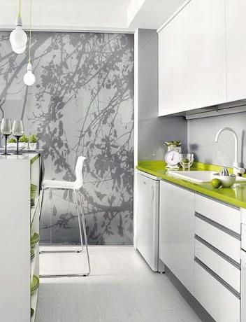 Izvorna zelena ploča razrijedit će monotoniju sive boje u kuhinji.
