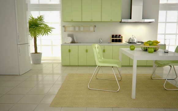 Bijela tapeta za zelenu kuhinju, povoljno će naglasiti nježnost svijetlih nijansi zelenila